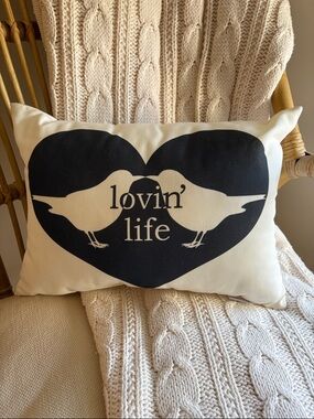 Pottery Barn Cream and Black Logo lovin life  OUTDOOR Accent Pillow